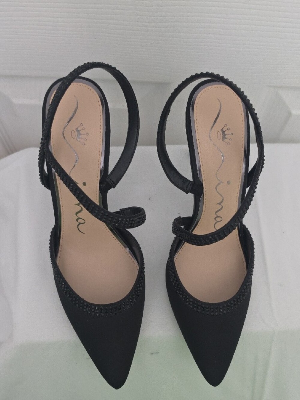 Nina Black Crystal-Strap Pointed Stiletto Heels